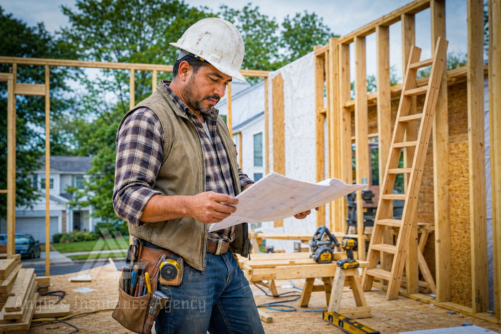 Contractor reviewing blueprints on a New Jersey job site
