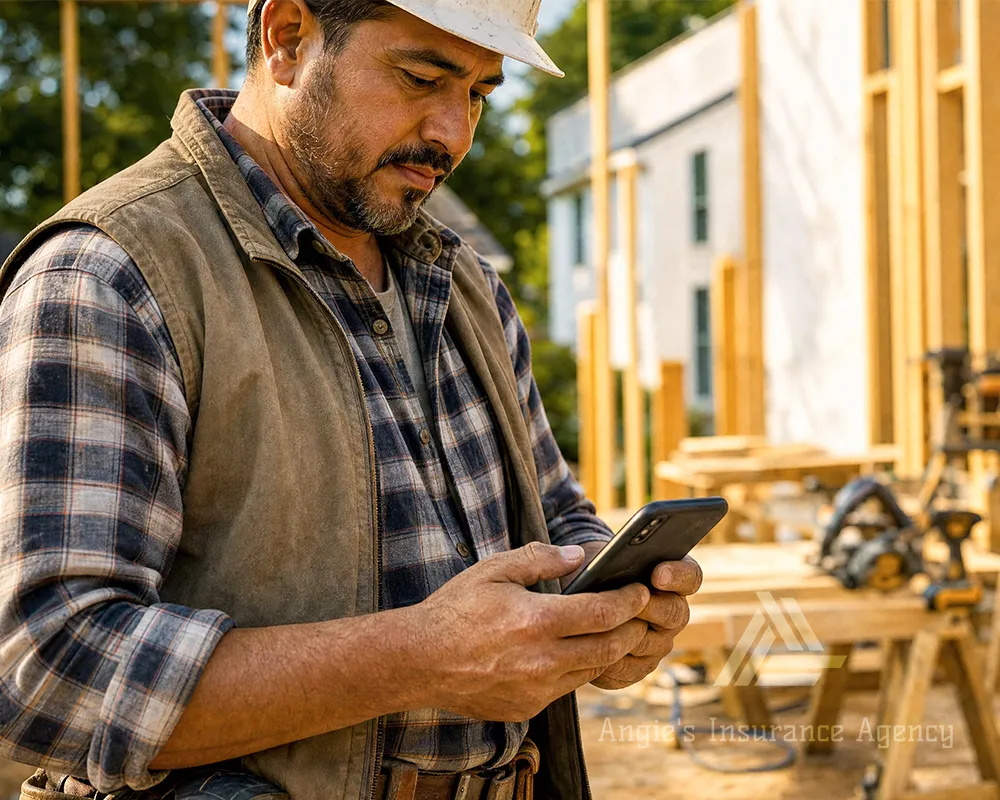 Contractor checking his phone at a New Jersey job site