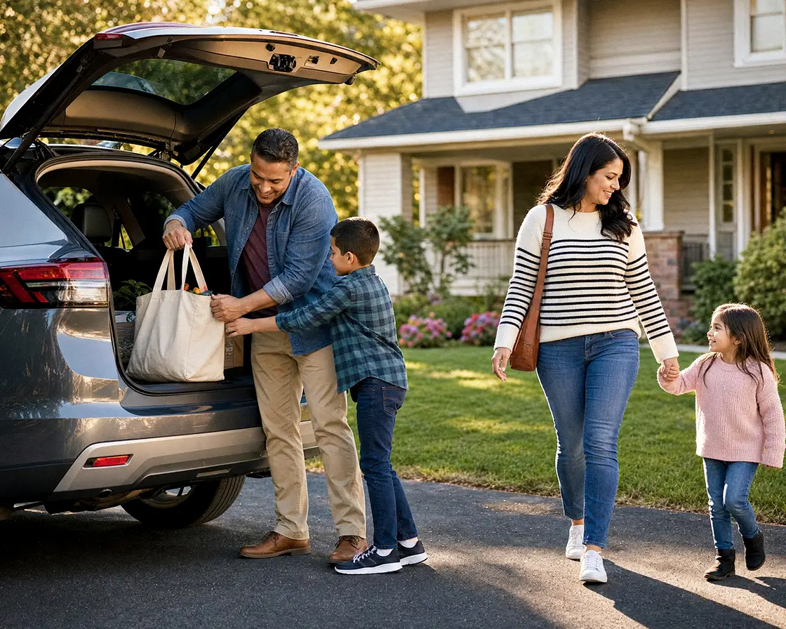 Family by their car in a New Jersey driveway