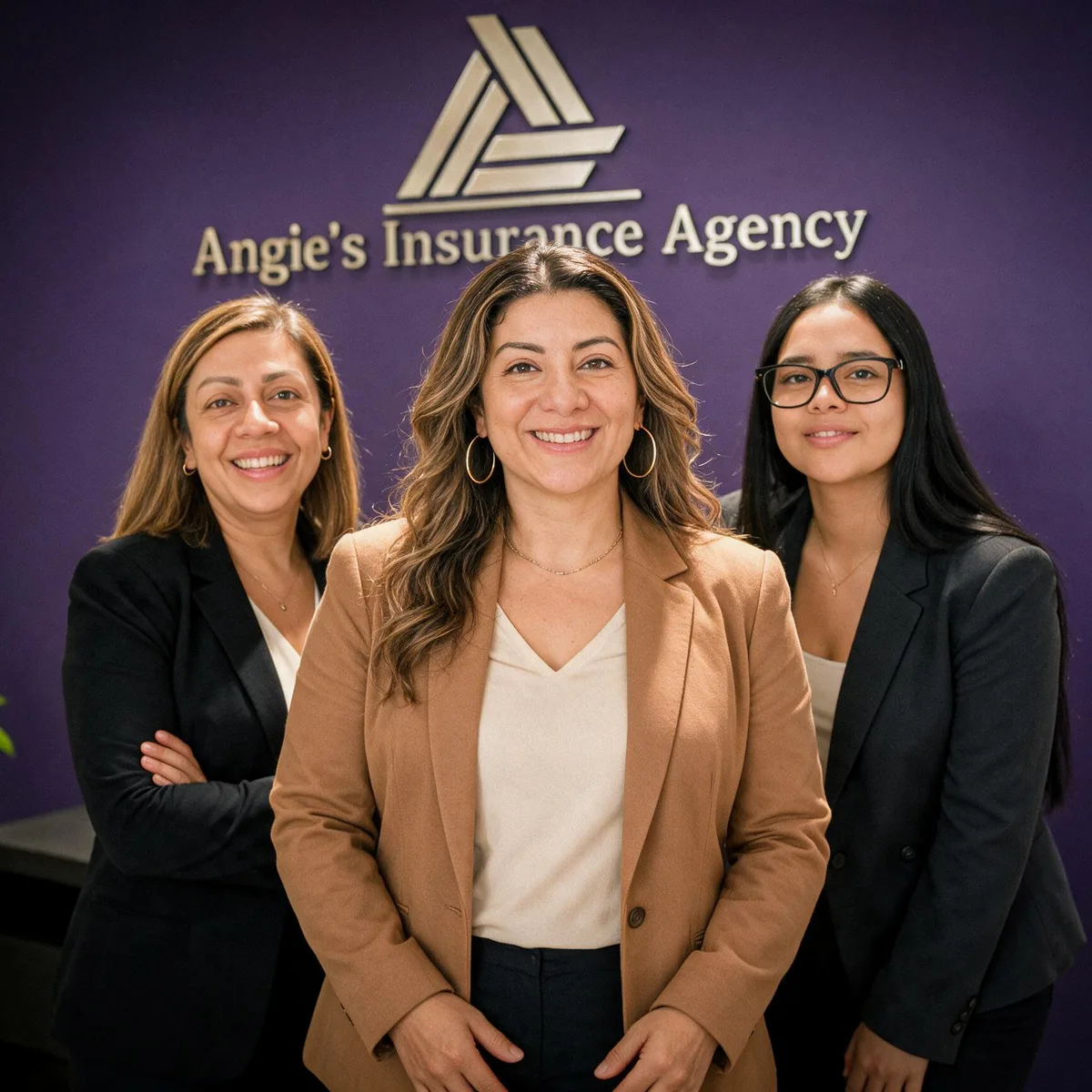 Angela Vargas (center) and the Angie's Insurance team in front of the agency logo at their Rockaway, NJ office